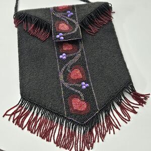 Beaded Purse/Bag Shoulder Strap Crossbody Fringe Floral Black Red Purple